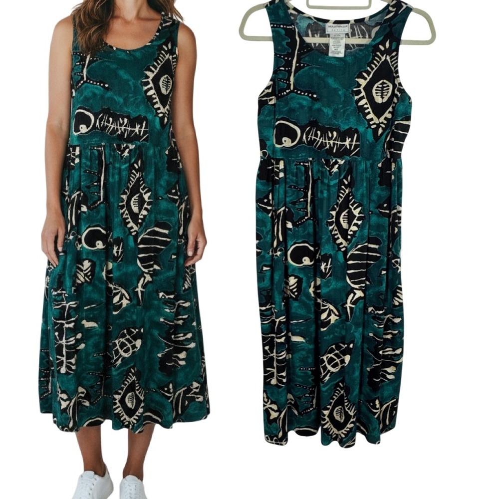 Molly Malloy Size M Petite Green Abstract print Sleeveless Midi Dress Vintage